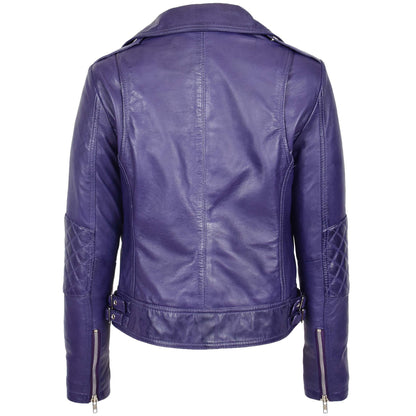 Womens Real Leather Biker Cross Zip Fashion Jacket Remi Purple - genuine leather jacket in purple with cross zip