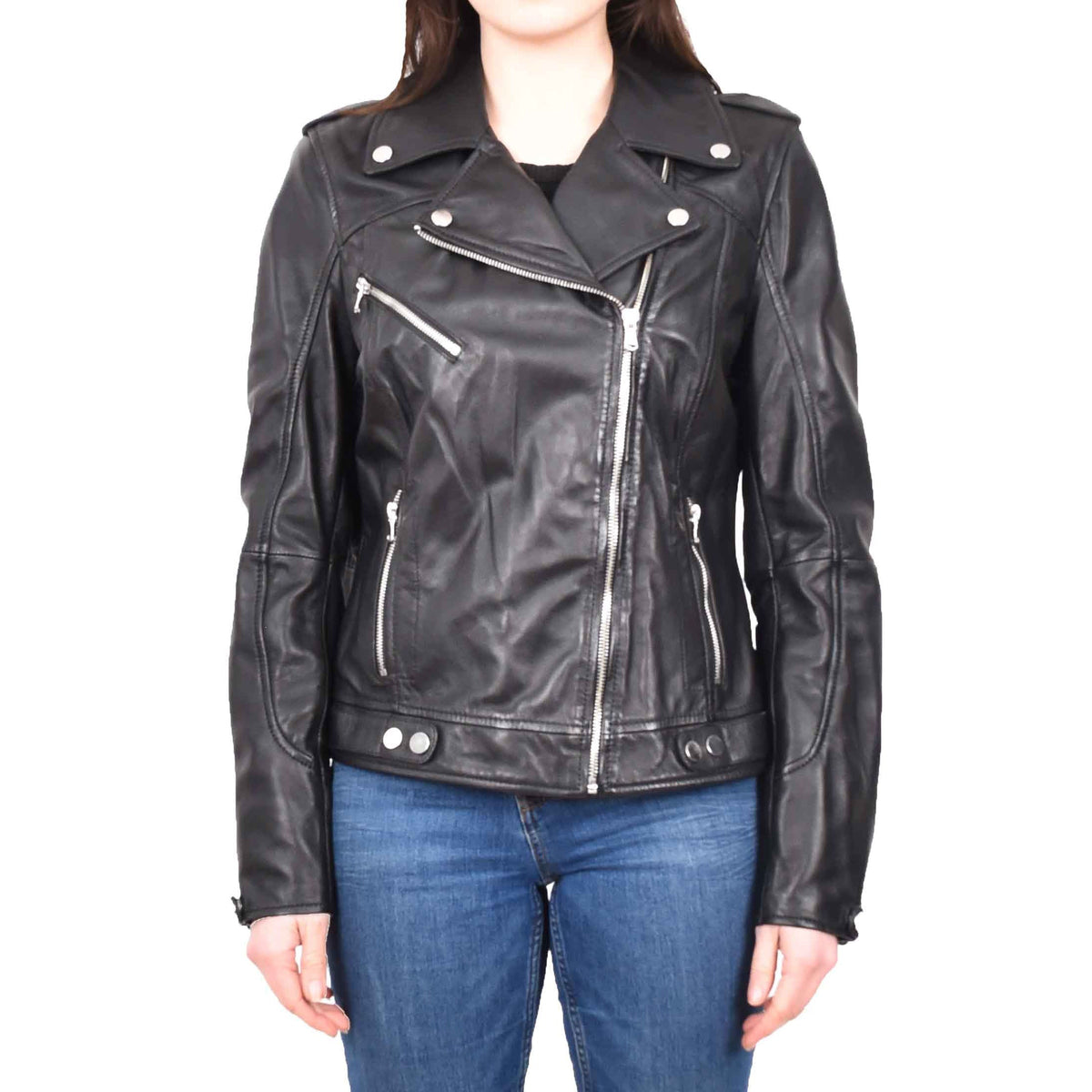 Womens Real Leather Biker Cross Zip Jacket Style Tiana Black Size 12 - genuine leather jacket with biker