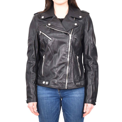Womens Real Leather Biker Cross Zip Jacket Style Tiana Black Size 12 - genuine leather jacket with biker