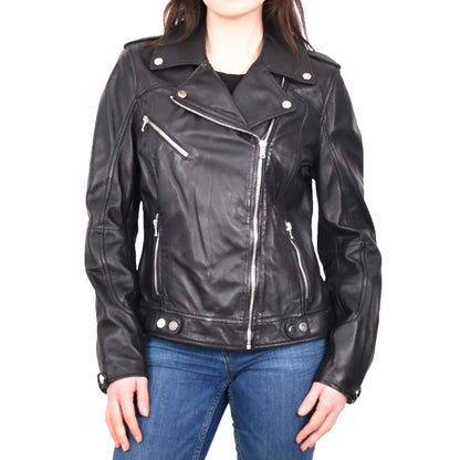 Womens Real Leather Biker Cross Zip Jacket Style Tiana Black Size 12 - genuine leather jacket with cross zip