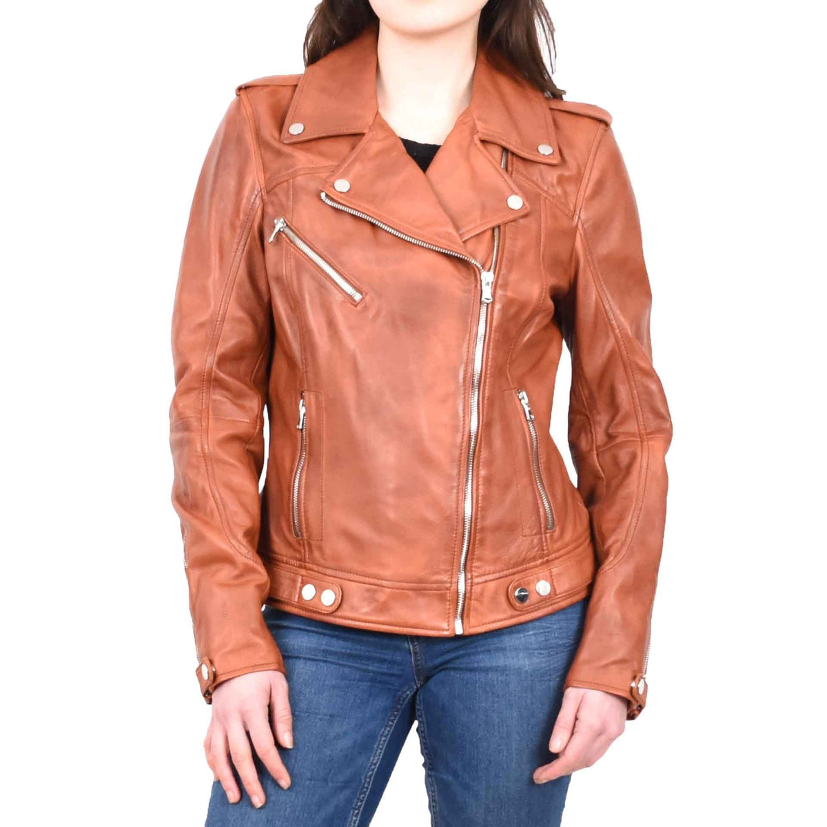Womens Real Leather Biker Cross Zip Jacket Style Tiana Tan Size 12 - genuine leather jacket with biker