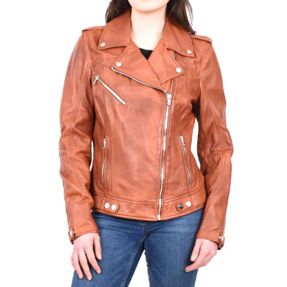 Womens Real Leather Biker Cross Zip Jacket Style Tiana Tan Size 12 - genuine leather jacket with biker