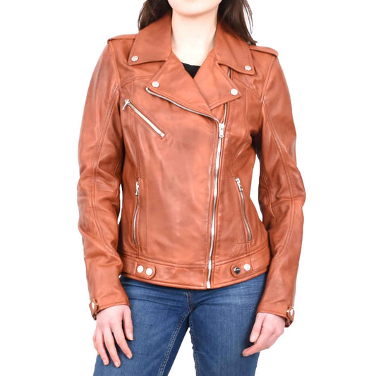 Womens Real Leather Biker Cross Zip Jacket Style Tiana Tan Size 12 - genuine leather jacket with biker