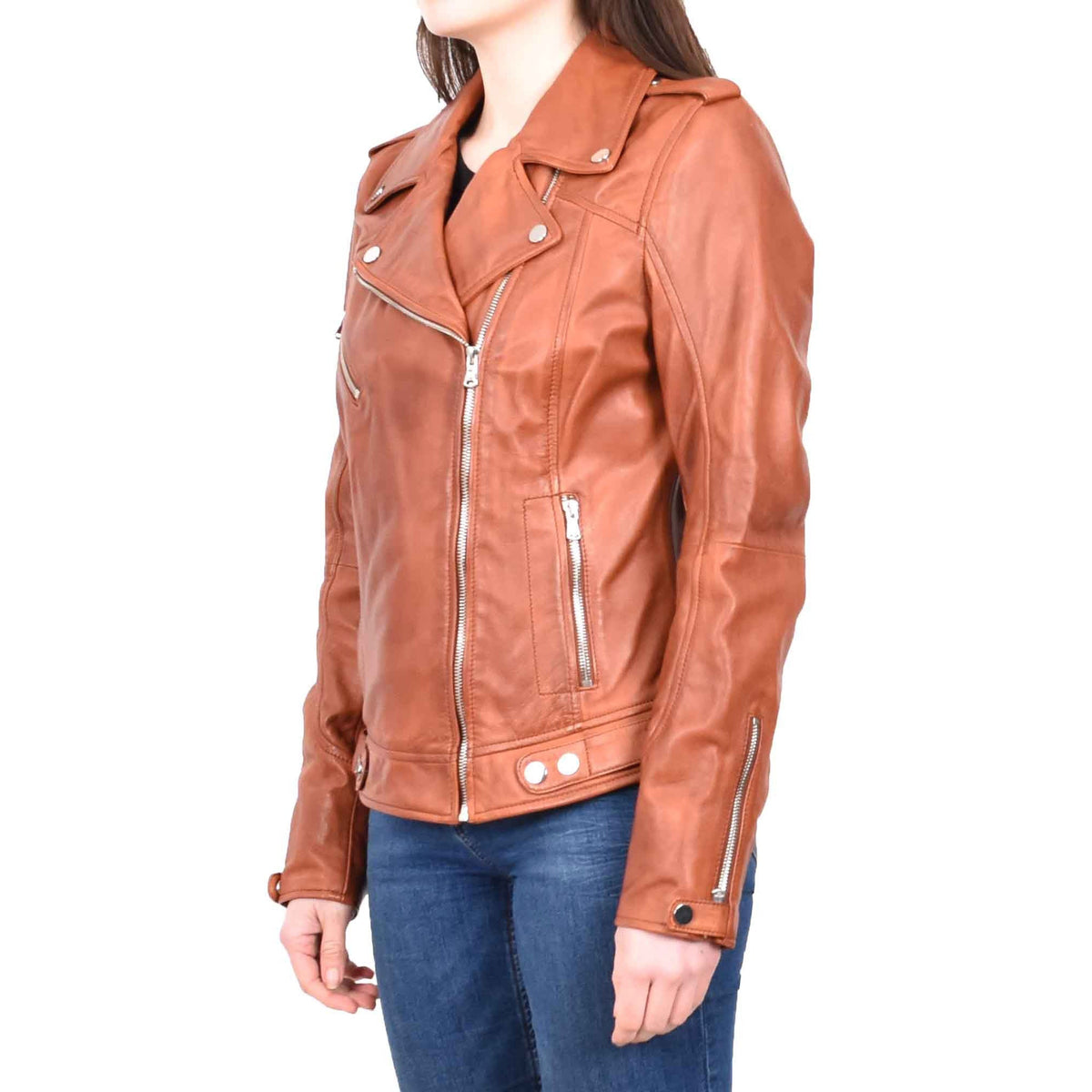 Womens Real Leather Biker Cross Zip Jacket Style Tiana Tan Size 12 - genuine leather jacket with cross zip