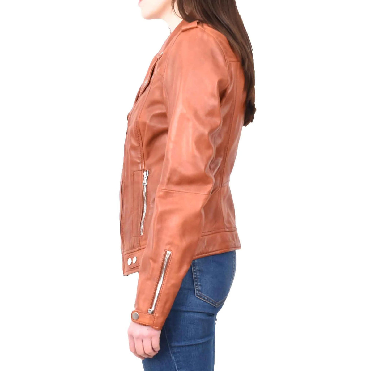 Womens Real Leather Biker Cross Zip Jacket Style Tiana Tan Size 12 - genuine leather jacket with biker