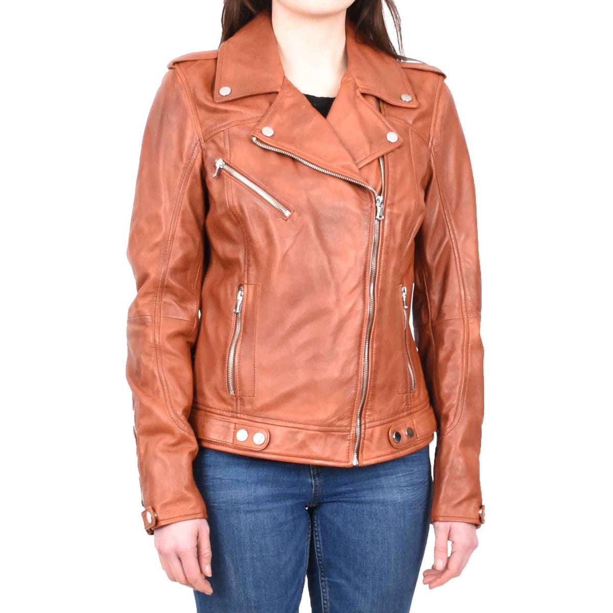 Womens Real Leather Biker Cross Zip Jacket Style Tiana Tan Size 12 - genuine leather jacket with cross zip
