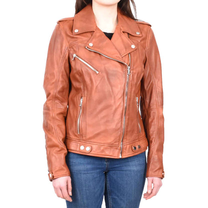 Womens Real Leather Biker Cross Zip Jacket Style Tiana Tan Size 12 - genuine leather jacket with cross zip