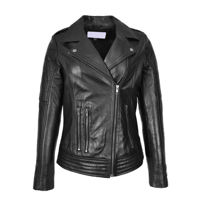 Womens Real Leather Biker Jacket Cross Zip Style Pam Black - genuine leather jacket in black with stylish cross-zip front fastening