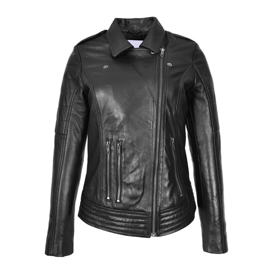 Womens Real Leather Biker Jacket Cross Zip Style Pam Black - genuine leather jacket in black with made from premium sheep nappa leather