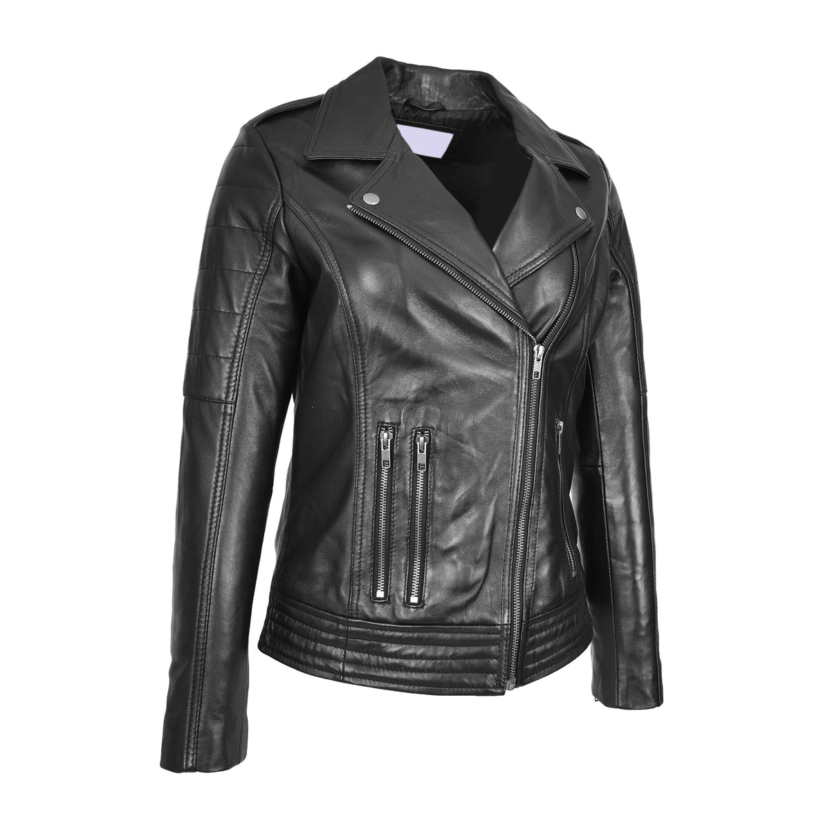 Womens Real Leather Biker Jacket Cross Zip Style Pam Black - genuine leather jacket in black with three outer zipped pockets for added convenience