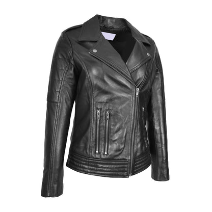Womens Real Leather Biker Jacket Cross Zip Style Pam Black - genuine leather jacket in black with three outer zipped pockets for added convenience