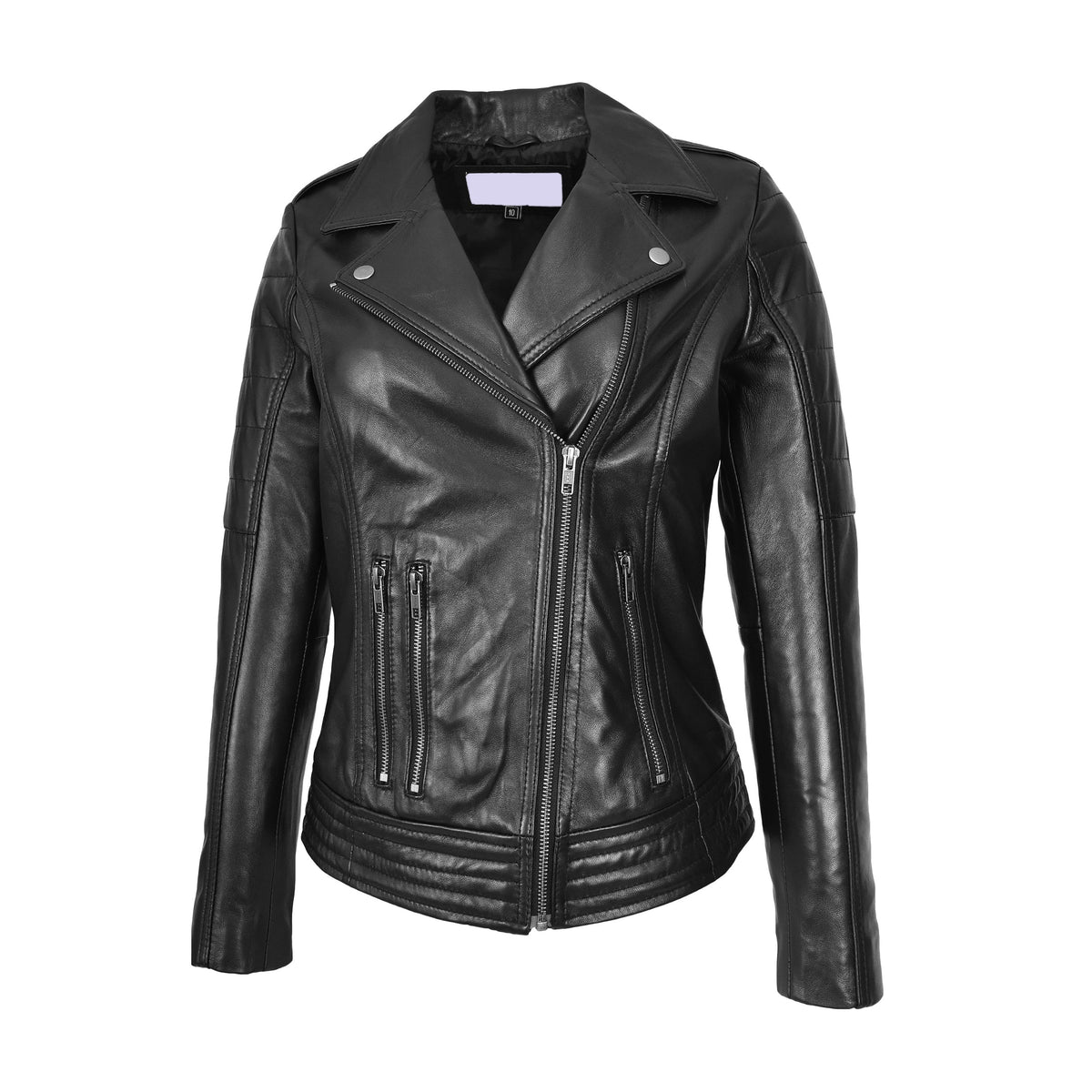 Womens Real Leather Biker Jacket Cross Zip Style Pam Black - genuine leather jacket in black with ridged stitch detailing along the back and shoulders for a rugged look