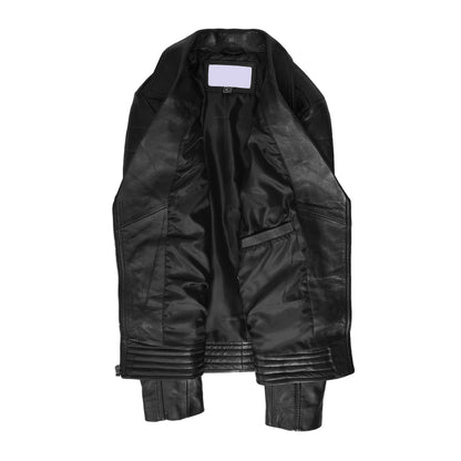 Womens Real Leather Biker Jacket Cross Zip Style Pam Black - genuine leather jacket in black with zipped cuffs for an adjustable fit