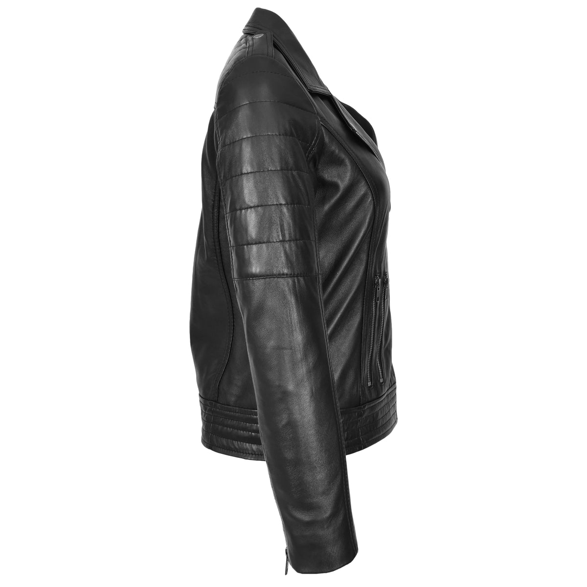 Womens Real Leather Biker Jacket Cross Zip Style Pam Black - genuine leather jacket in black with comfortable polyester lining for a soft interior feel