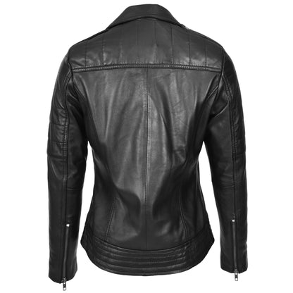 Womens Real Leather Biker Jacket Cross Zip Style Pam Black - genuine leather jacket in black with cross zip