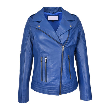 Womens Real Leather Biker Jacket Cross Zip Style Pam Blue - genuine leather jacket in blue with stylish cross-zip front fastening