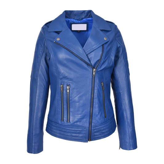 Womens Real Leather Biker Jacket Cross Zip Style Pam Blue - genuine leather jacket in blue with stylish cross-zip front fastening