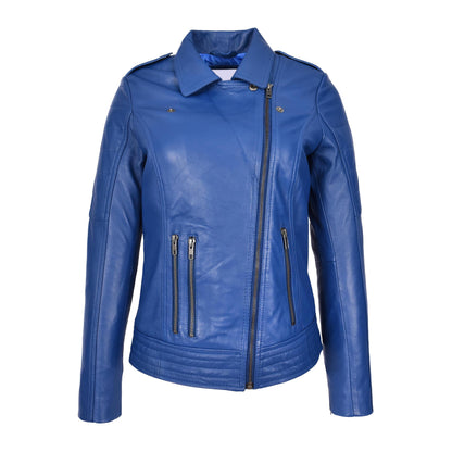 Womens Real Leather Biker Jacket Cross Zip Style Pam Blue - genuine leather jacket in blue with made from premium sheep nappa leather
