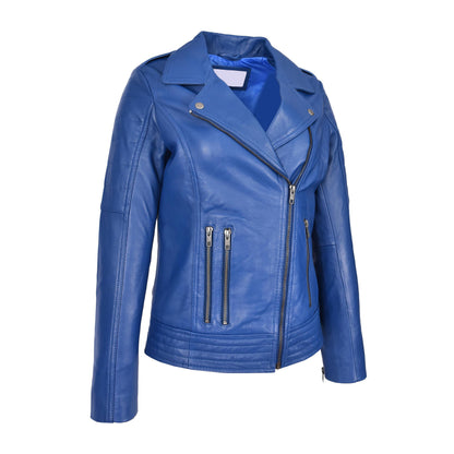 Womens Real Leather Biker Jacket Cross Zip Style Pam Blue - genuine leather jacket in blue with three outer zipped pockets for added convenience