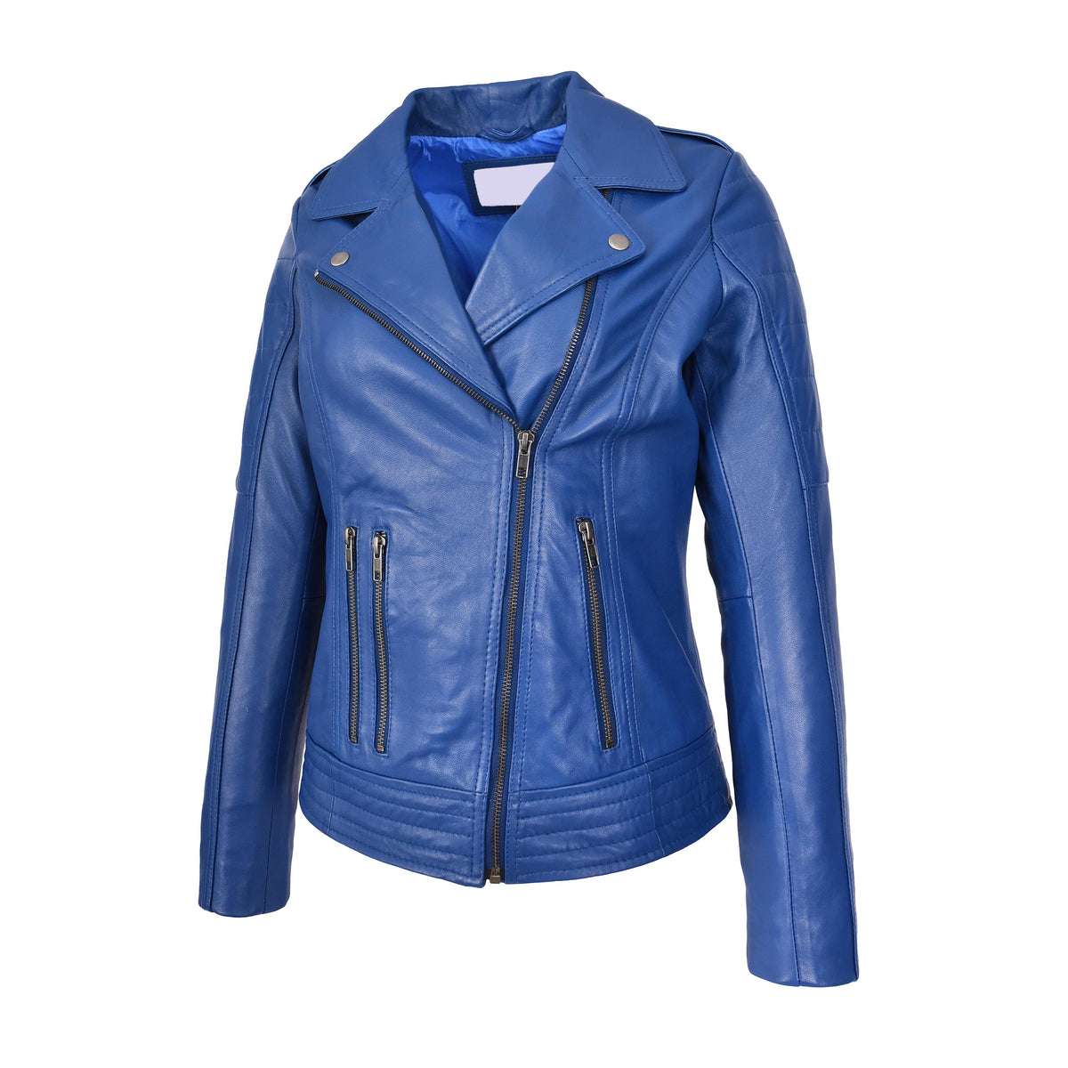 Womens Real Leather Biker Jacket Cross Zip Style Pam Blue - genuine leather jacket in blue with ridged stitch detailing along the back and shoulders for a rugged look