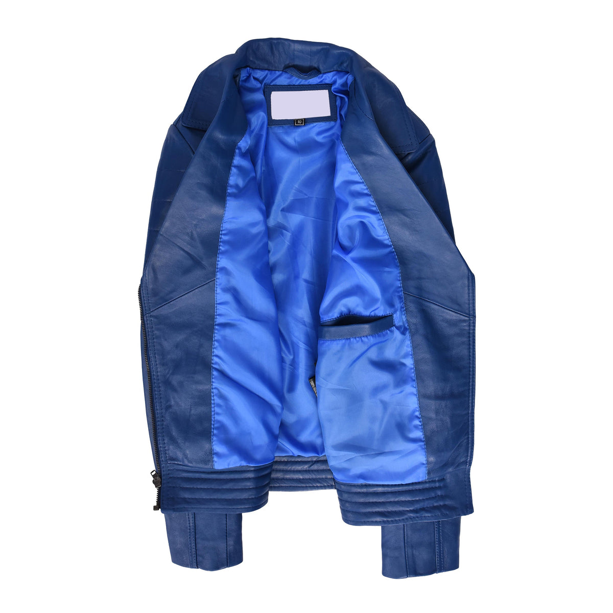 Womens Real Leather Biker Jacket Cross Zip Style Pam Blue - genuine leather jacket in blue with zipped cuffs for an adjustable fit