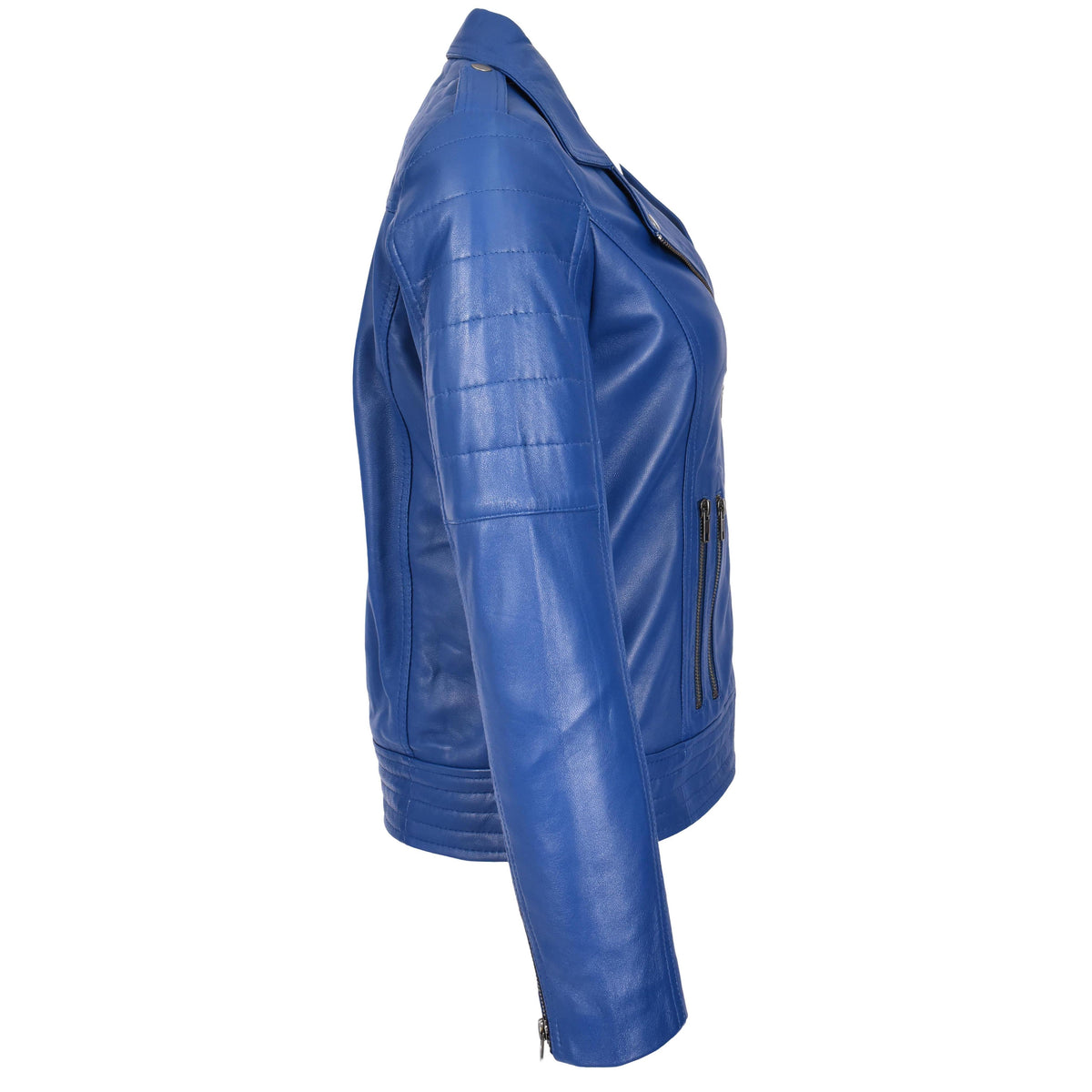 Womens Real Leather Biker Jacket Cross Zip Style Pam Blue - genuine leather jacket in blue with comfortable polyester lining for a soft interior feel