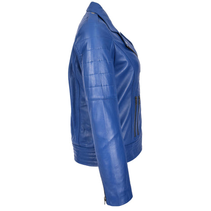 Womens Real Leather Biker Jacket Cross Zip Style Pam Blue - genuine leather jacket in blue with comfortable polyester lining for a soft interior feel
