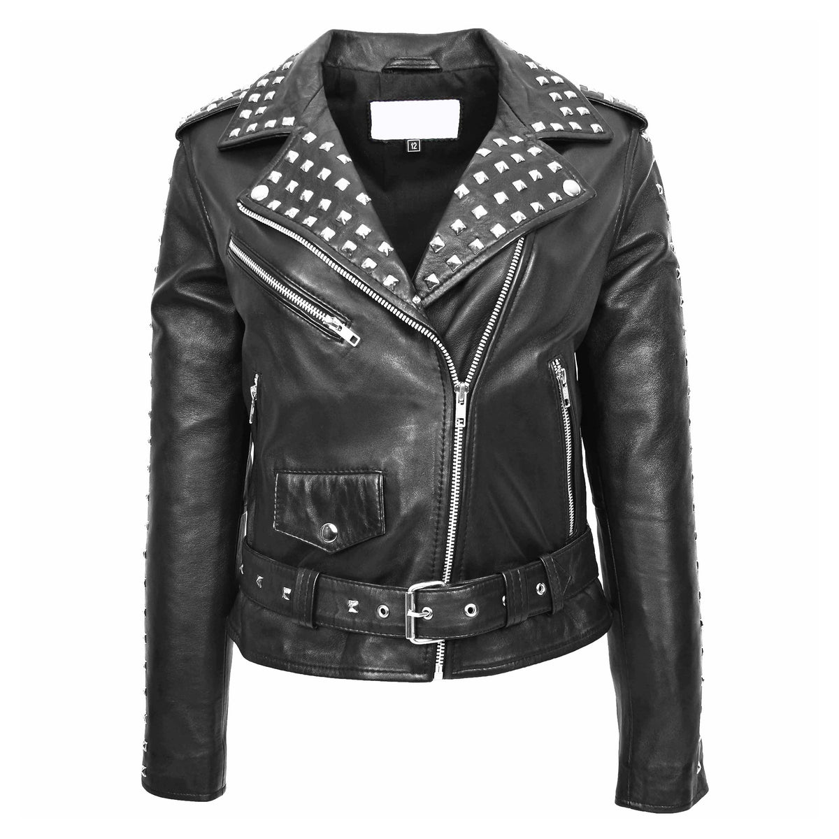 Womens Real Leather Biker Jacket Studded Brando Jacket Heidi Black - genuine leather jacket in black with biker