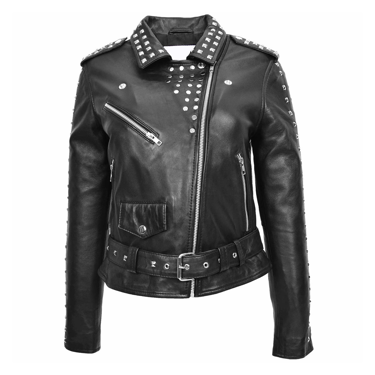 Womens Real Leather Biker Jacket Studded Brando Jacket Heidi Black - genuine leather jacket in black with three outer pockets