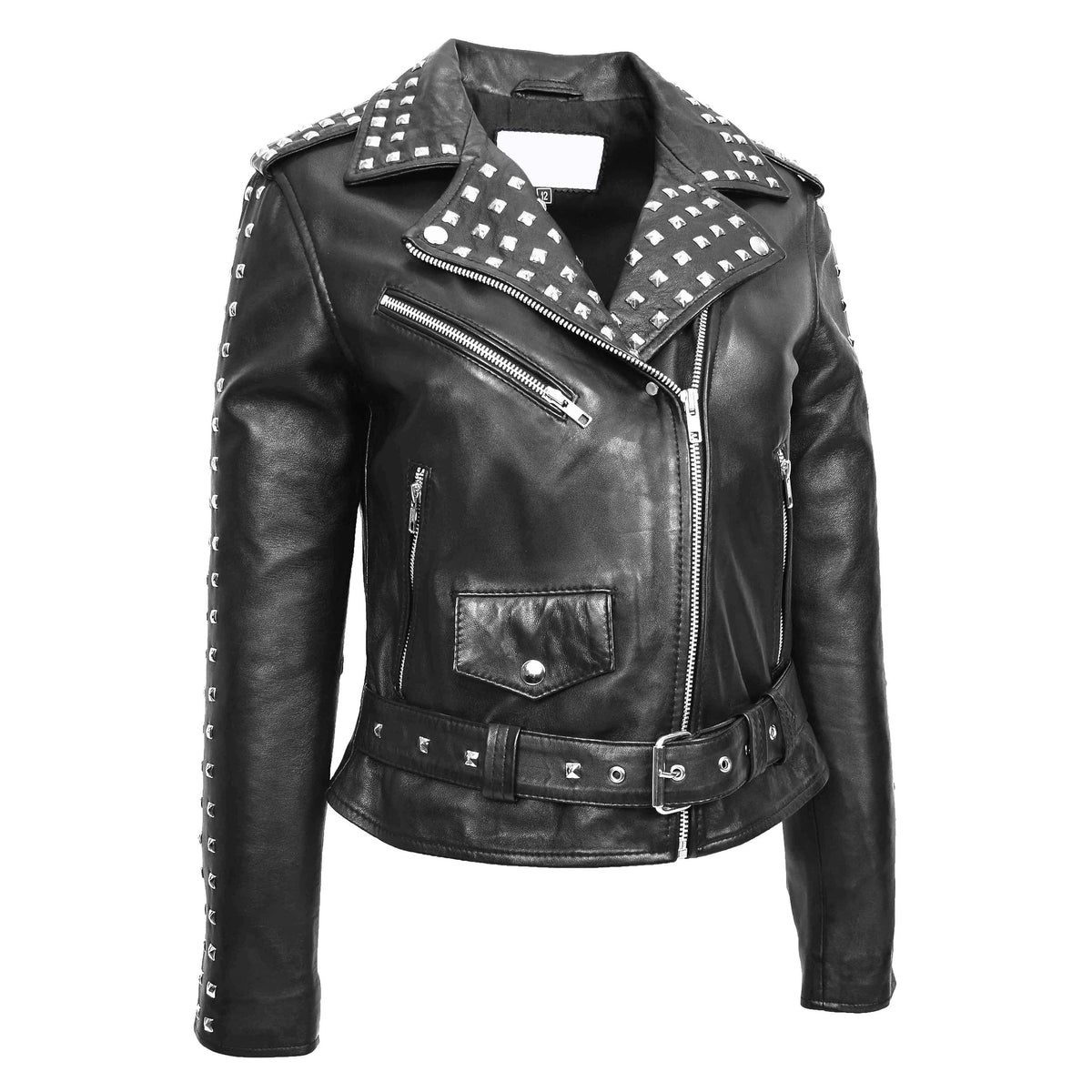 Womens Real Leather Biker Jacket Studded Brando Jacket Heidi Black - genuine leather jacket in black with three outer pockets
