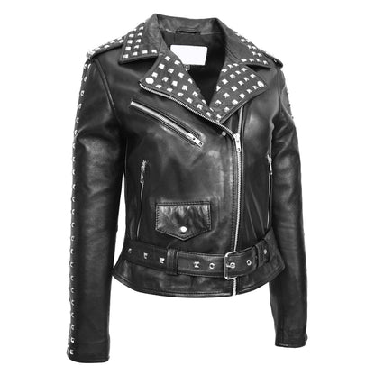 Womens Real Leather Biker Jacket Studded Brando Jacket Heidi Black - genuine leather jacket in black with three outer pockets