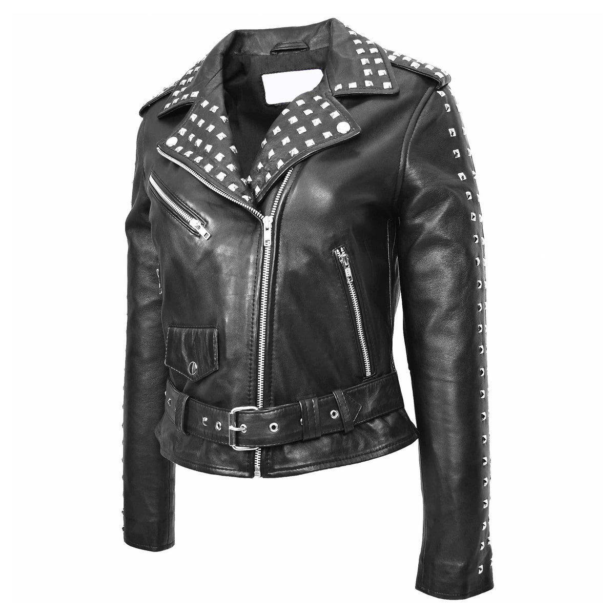 Womens Real Leather Biker Jacket Studded Brando Jacket Heidi Black - genuine leather jacket in black with biker