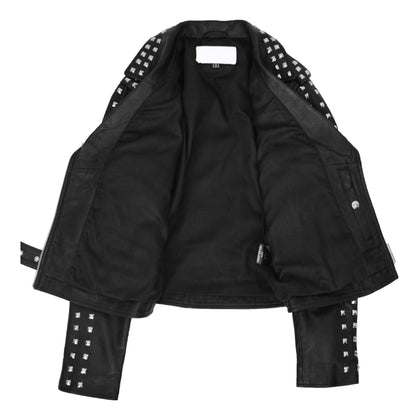 Womens Real Leather Biker Jacket Studded Brando Jacket Heidi Black - genuine leather jacket in black with three outer pockets