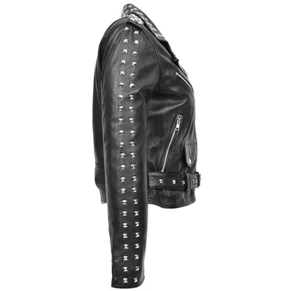 Womens Real Leather Biker Jacket Studded Brando Jacket Heidi Black - genuine leather jacket in black with biker