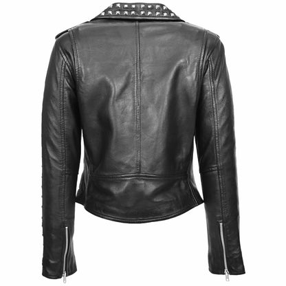 Womens Real Leather Biker Jacket Studded Brando Jacket Heidi Black - genuine leather jacket in black with three outer pockets