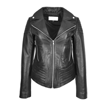 Womens Real Leather Biker Jacket Trendy Fitted Casual Style Emily Black - genuine leather jacket in black with made from premium sheep nappa leather
