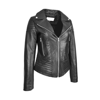 Womens Real Leather Biker Jacket Trendy Fitted Casual Style Emily Black - genuine leather jacket in black with front zip fastening