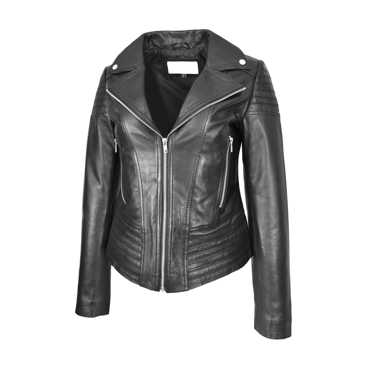 Womens Real Leather Biker Jacket Trendy Fitted Casual Style Emily Black - genuine leather jacket in black with two convenient outer pockets