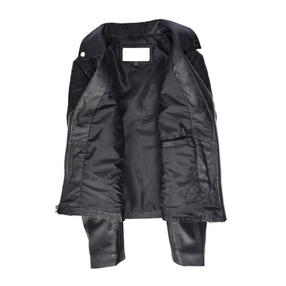 Womens Real Leather Biker Jacket Trendy Fitted Casual Style Emily Black - genuine leather jacket in black with comfortable polyester lining for a smooth fit
