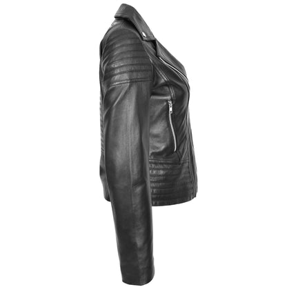 Womens Real Leather Biker Jacket Trendy Fitted Casual Style Emily Black - genuine leather jacket in black with fitted
