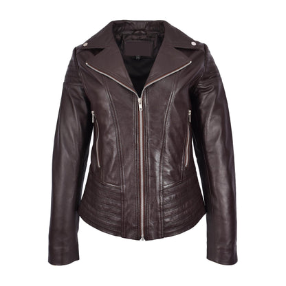 Womens Real Leather Biker Jacket Trendy Fitted Casual Style Emily Brown - genuine leather jacket in brown with made from premium sheep nappa leather