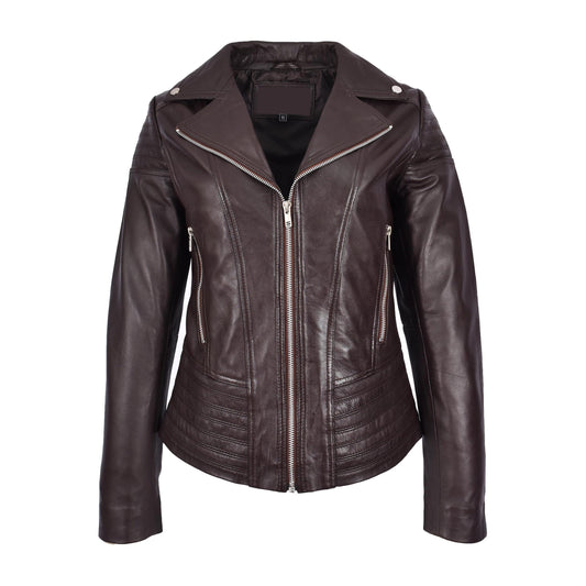 Womens Real Leather Biker Jacket Trendy Fitted Casual Style Emily Brown - genuine leather jacket in brown with made from premium sheep nappa leather