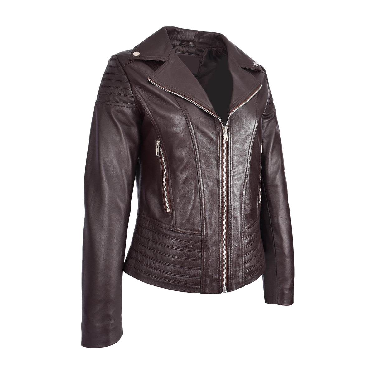 Womens Real Leather Biker Jacket Trendy Fitted Casual Style Emily Brown - genuine leather jacket in brown with front zip fastening