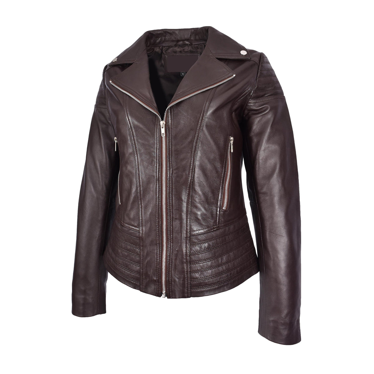 Womens Real Leather Biker Jacket Trendy Fitted Casual Style Emily Brown - genuine leather jacket in brown with two convenient outer pockets