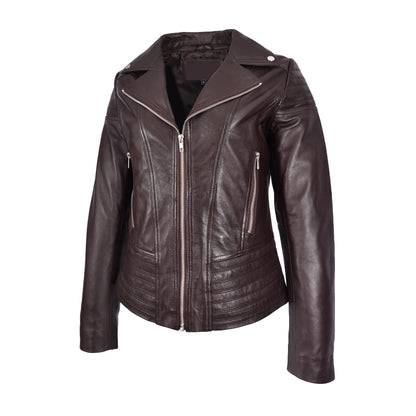 Womens Real Leather Biker Jacket Trendy Fitted Casual Style Emily Brown - genuine leather jacket in brown with two convenient outer pockets
