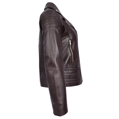 Womens Real Leather Biker Jacket Trendy Fitted Casual Style Emily Brown - genuine leather jacket in brown with fitted
