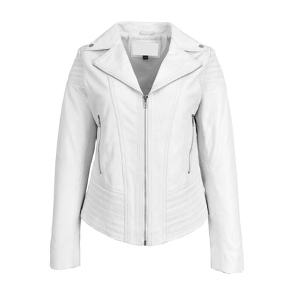 Womens Real Leather Biker Jacket Trendy Fitted Casual Style Emily White - genuine leather jacket in white with made from premium sheep nappa leather