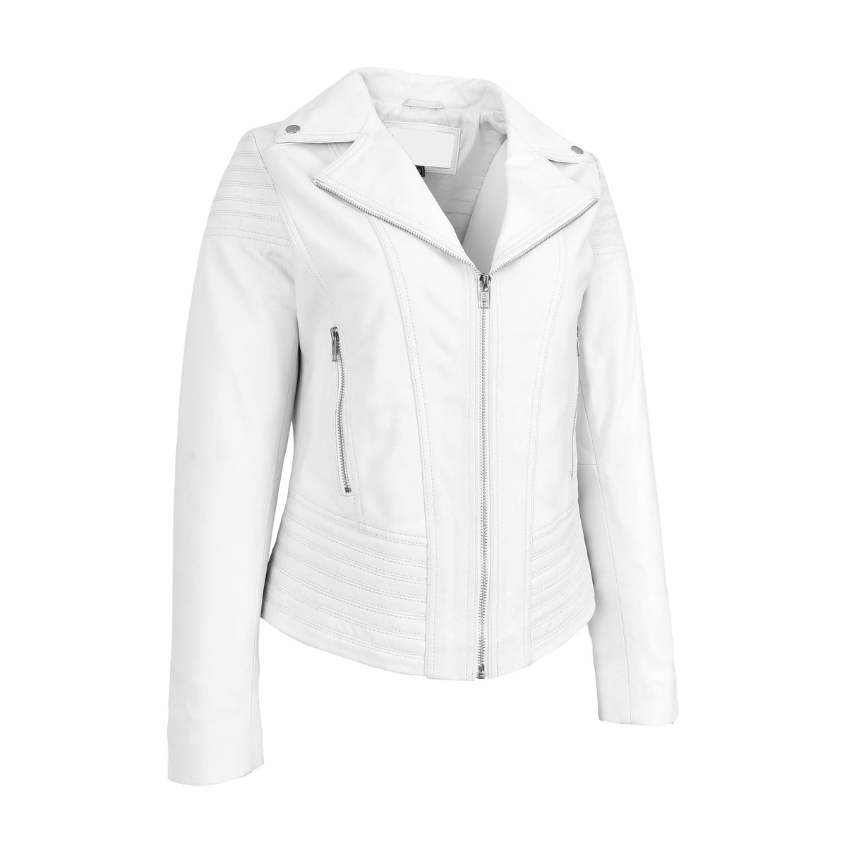 Womens Real Leather Biker Jacket Trendy Fitted Casual Style Emily White - genuine leather jacket in white with front zip fastening
