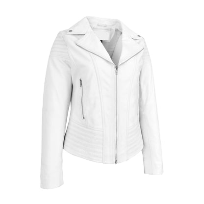 Womens Real Leather Biker Jacket Trendy Fitted Casual Style Emily White - genuine leather jacket in white with front zip fastening