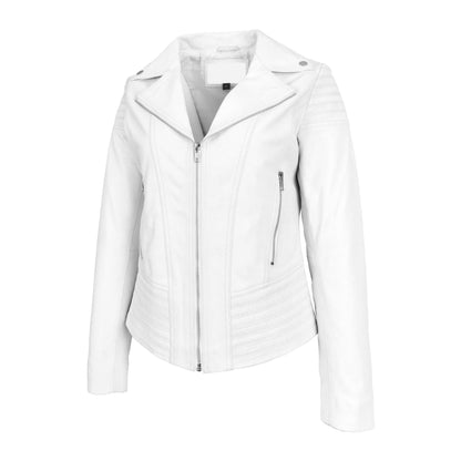 Womens Real Leather Biker Jacket Trendy Fitted Casual Style Emily White - genuine leather jacket in white with two convenient outer pockets